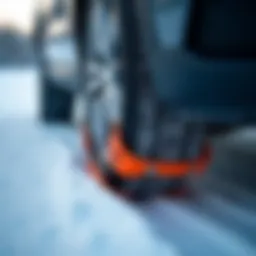 Close-up of snow chains on a tire