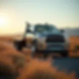 One-ton truck with gooseneck hitch parked in a scenic landscape