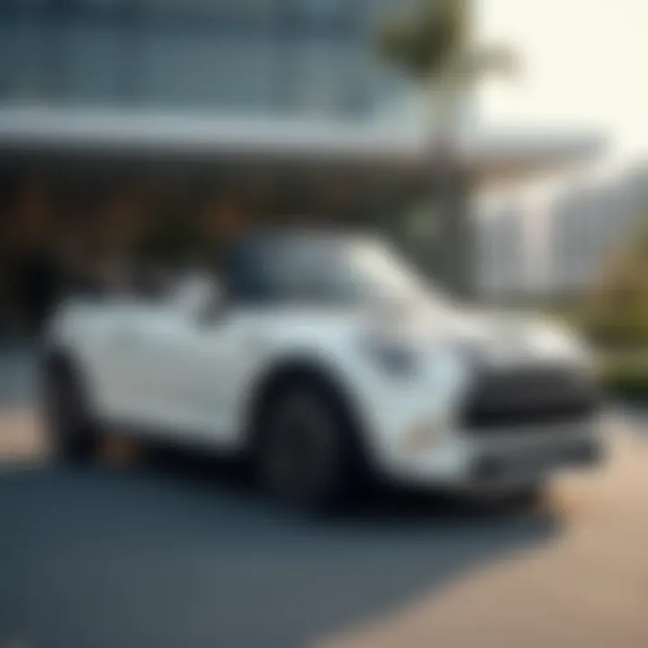 Sleek exterior of the white Mini Cooper convertible highlighting its elegant design