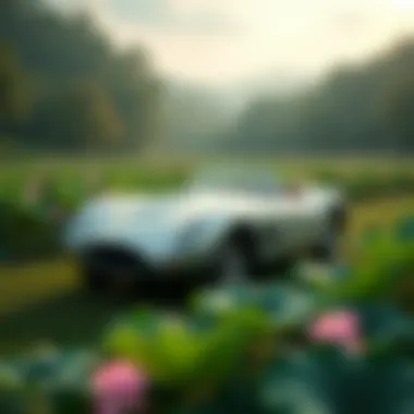 A scenic landscape featuring lotus plants near a vintage car.