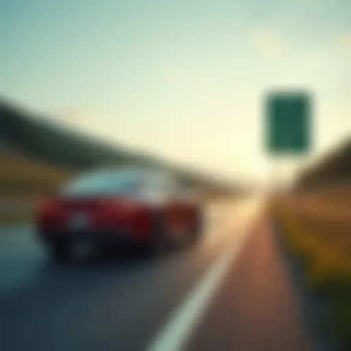 A car being towed across a scenic highway with state line signs