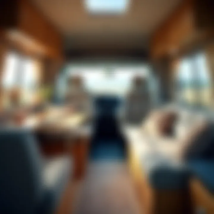 Interior view of a travel trailer showcasing space and amenities