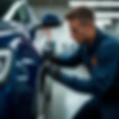 A mechanic assessing paint damage on a vehicle